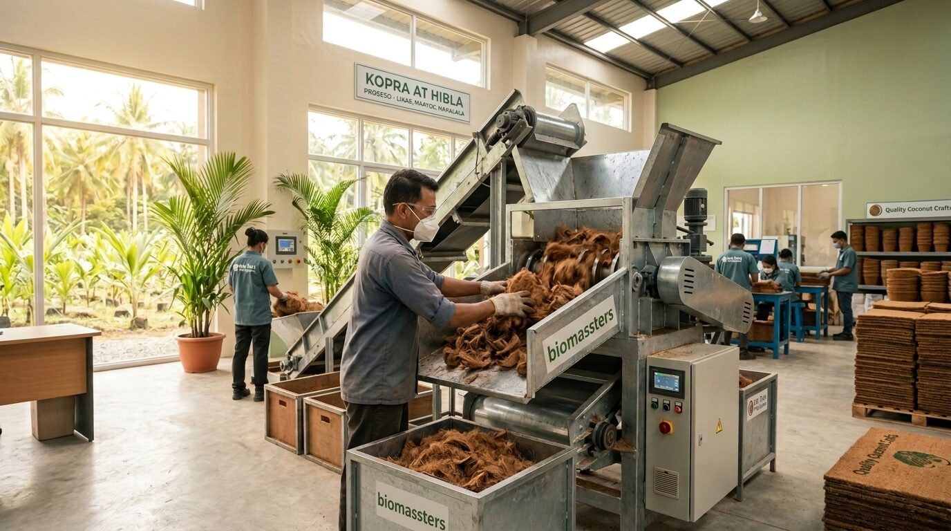 Coconut husk fed into processing machinery.