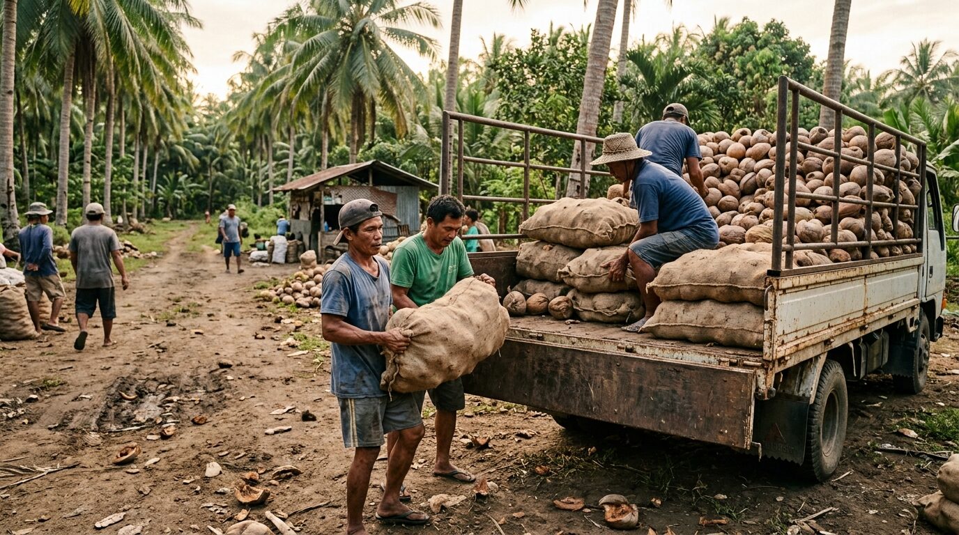 Coconut growers loading coconuts.