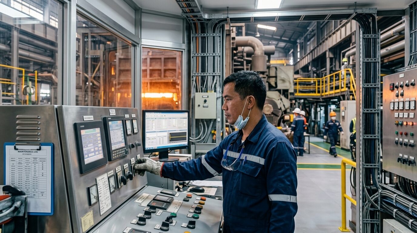 Technician monitoring furnace controls.