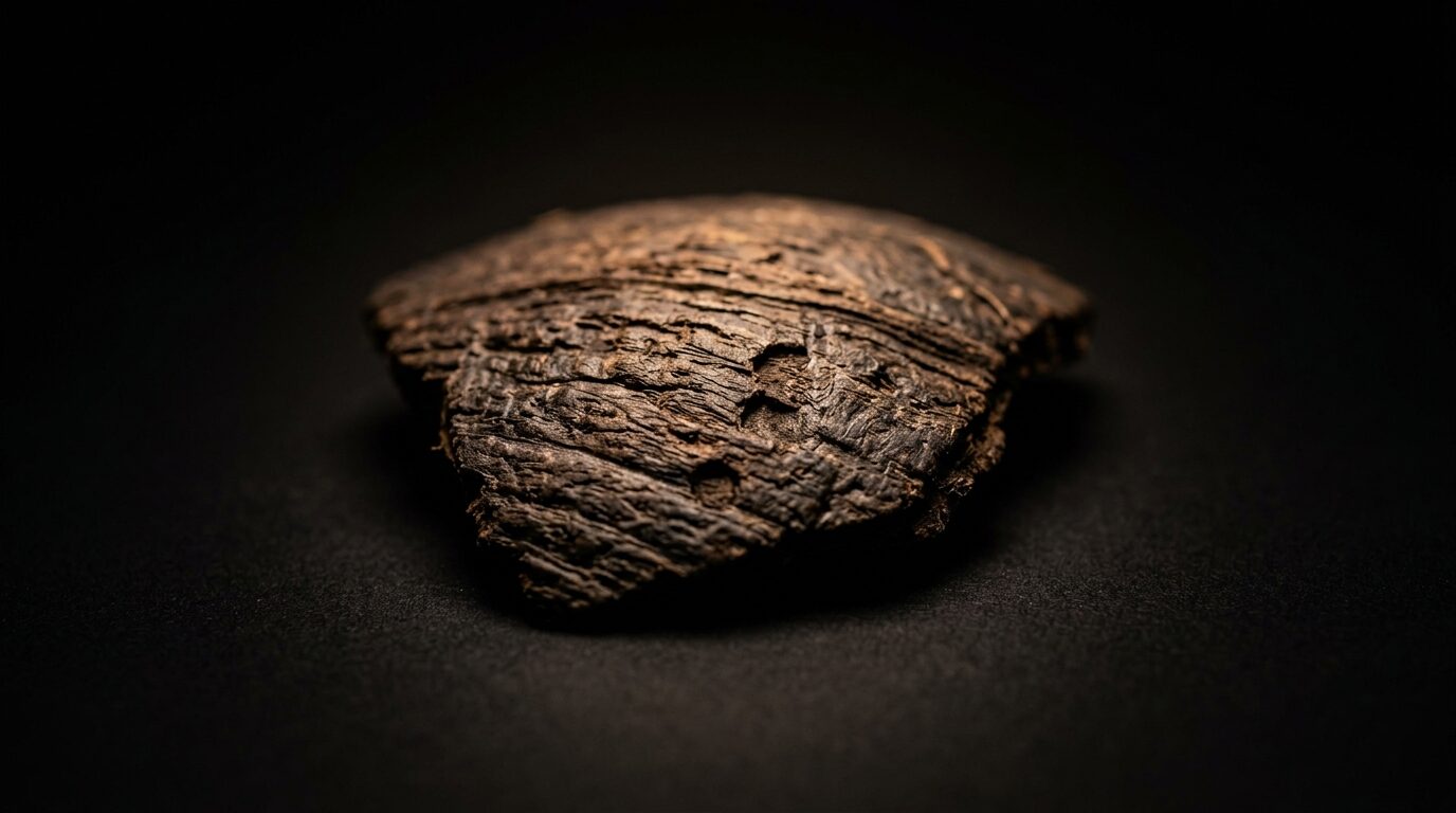A dense fragment of coconut shell showing woody grain.